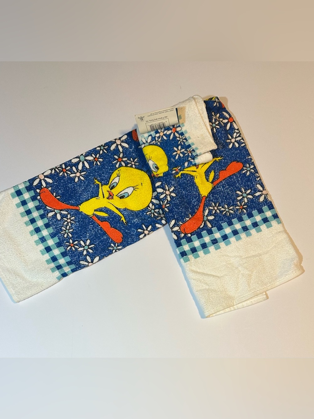 Vtg 90s Looney Tunes Tweety Bird Bath Towel Washcloth Set Gingham Floral